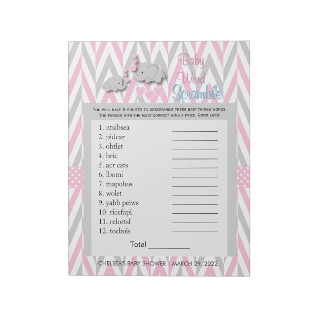 Pink und Grau Elephant Baby Shower Game 2 Notizblock (Rotiert)