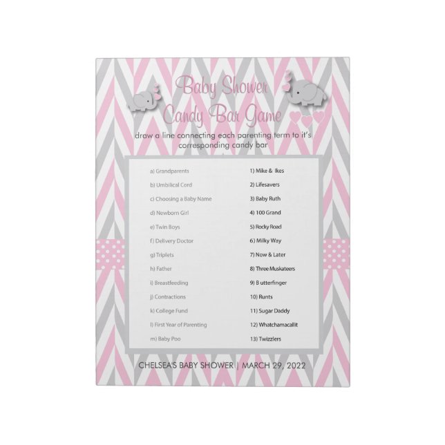 Pink und Grau Elephant Baby Shower Game 2 Notizblock (Rotiert)