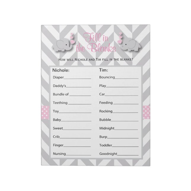 Pink und Grau Elephant Baby Shower Game - Custom Notizblock (Rotiert)