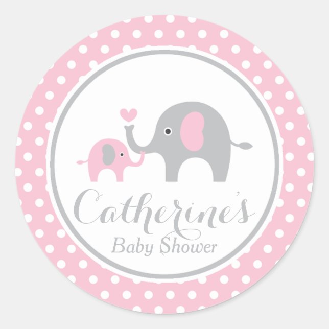 Pink und Grau Elephant Babyduschaufkleber Runder Aufkleber (Vorderseite)