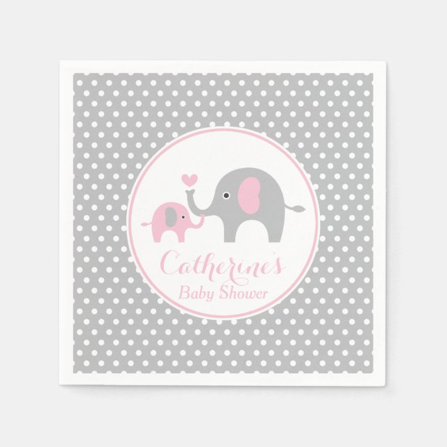 Pink und Grau Elephant Babydusche Papier Napkin Serviette (Vorderseite)