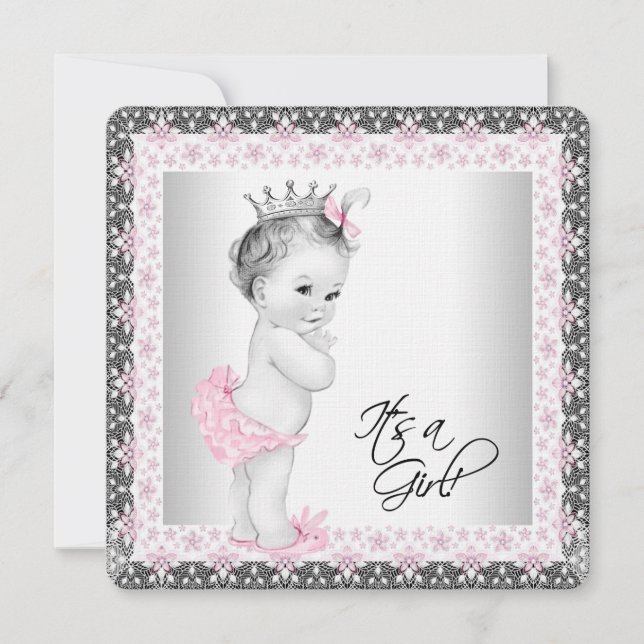 Pink und Grau Linen Baby Girl Dusche Einladung (Vorderseite)