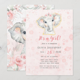 Pink und Grau Wasserfarbe Elephant Girl Baby Dusch Einladung