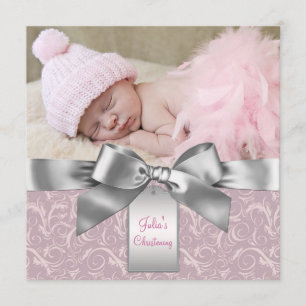 Pink und Gray Baby Girl Foto Christening Einladung