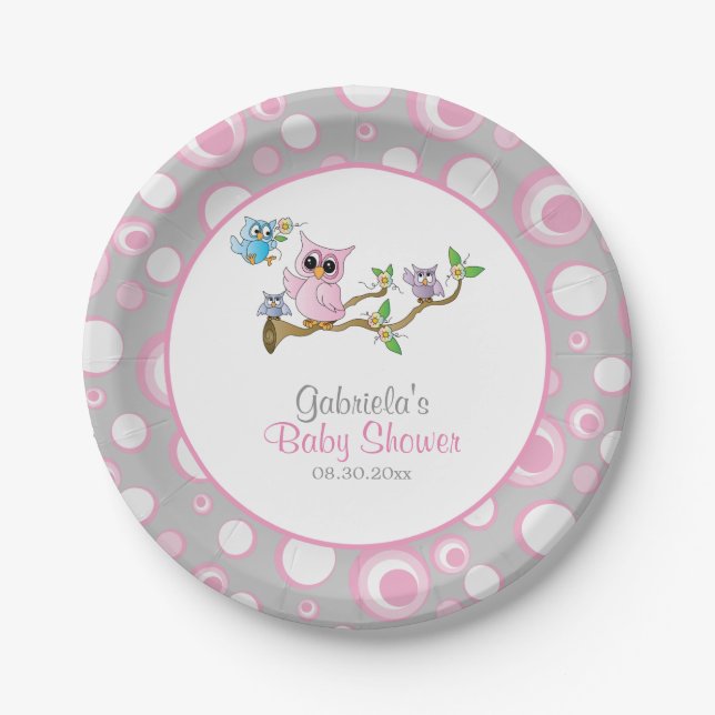 Pink und Gray Baby Owl Baby Dusche Thema Pappteller (Vorderseite)