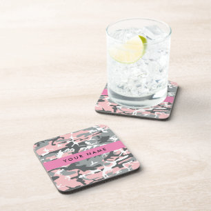 Pink und Gray Camouflage Ihr Name personalisieren Getränkeuntersetzer