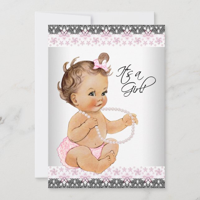 Pink und Gray Lace Pearls Baby Dusche Einladung (Vorderseite)