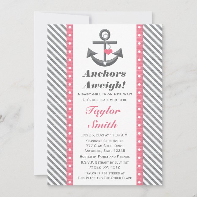 Pink und Gray Polka Anchor Kinderdusche Einladung (Vorderseite)