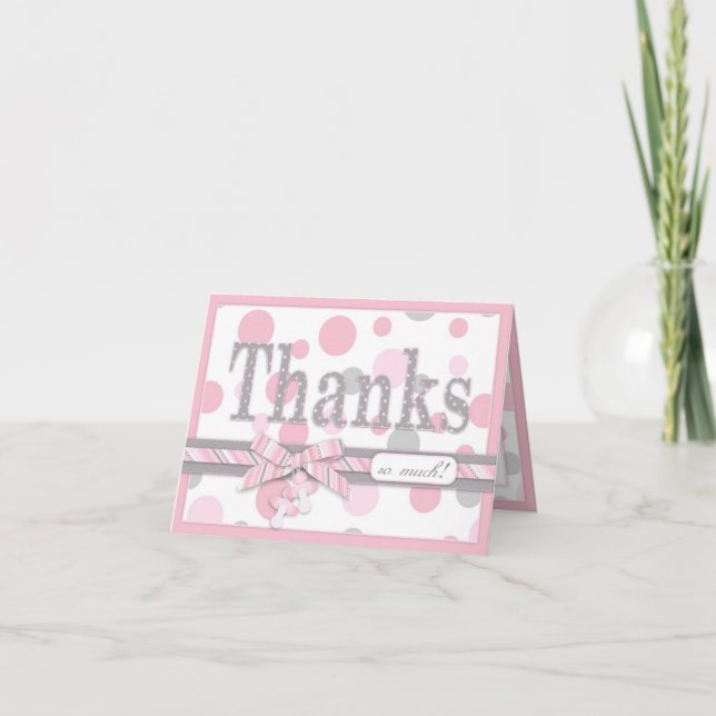 Pink und Gray Polka Dots Danke, Baby Dusche Dankeskarte (Vorderseite)