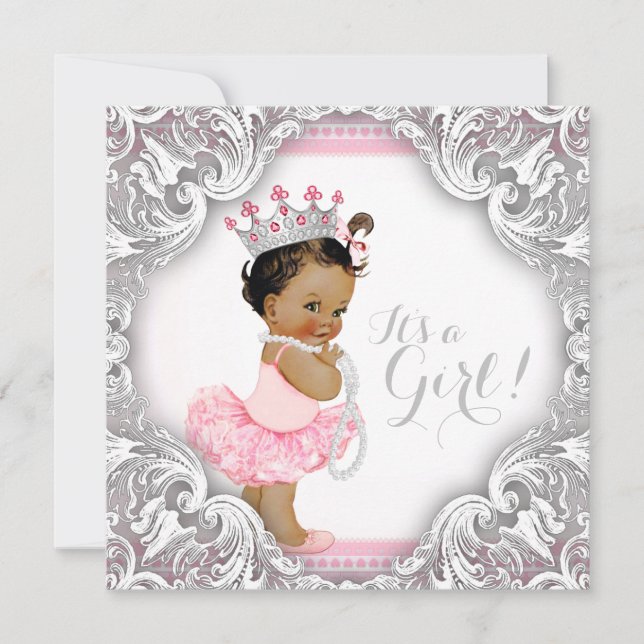Pink und Gray Tutu Ethnic Girl Baby Dusche Einladung (Vorderseite)