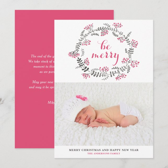 Pink und Gray Wreath Be Frohe Weihnachten Foto (Vorne/Hinten)