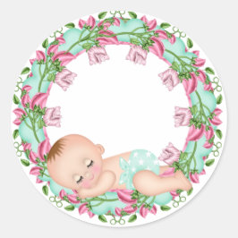 Pink und Gree Babyduschaufkleber mit Blütenbaby Runder Aufkleber