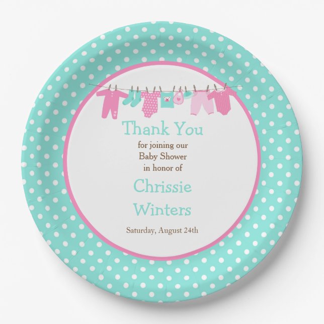 Pink und Green Baby Line Baby Dusche Pappteller (Vorderseite)