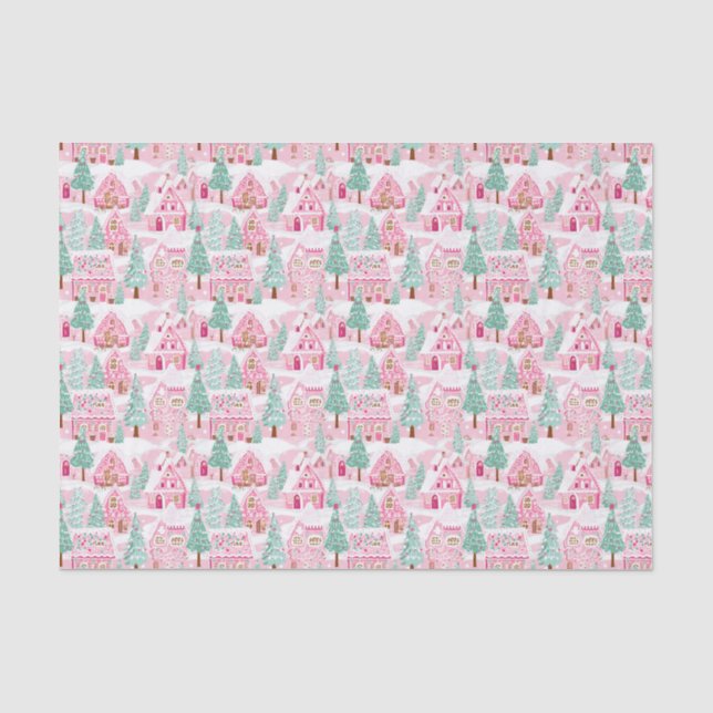 Pink und Green Christmas Gingerbrot Village Seidenpapier (Vorderseite)