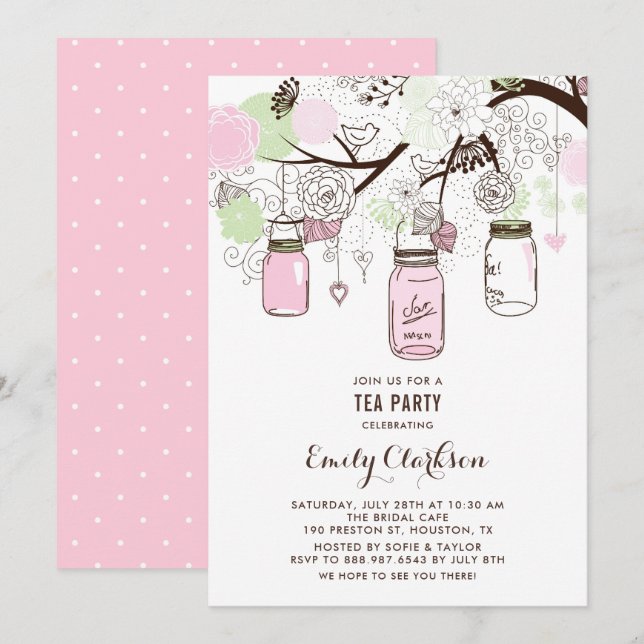 Pink und Green Mason Jars Blumensteg Party Einladung (Vorne/Hinten)