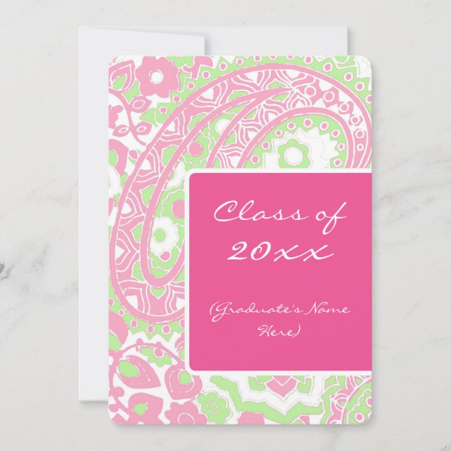 Pink und Green Paisley Graduation Party Einladung (Vorderseite)