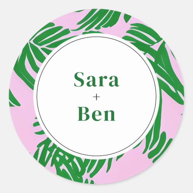 Pink und Green Palm Tree Moderne Beach Hochzeit Runder Aufkleber (Vorderseite)