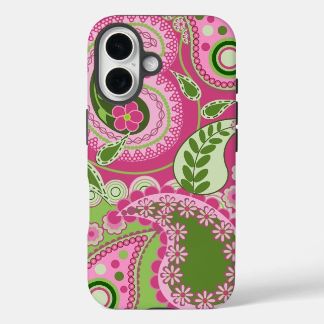 Pink und grün Paisley iPhone 16 Fall Hülle (Rückseite)