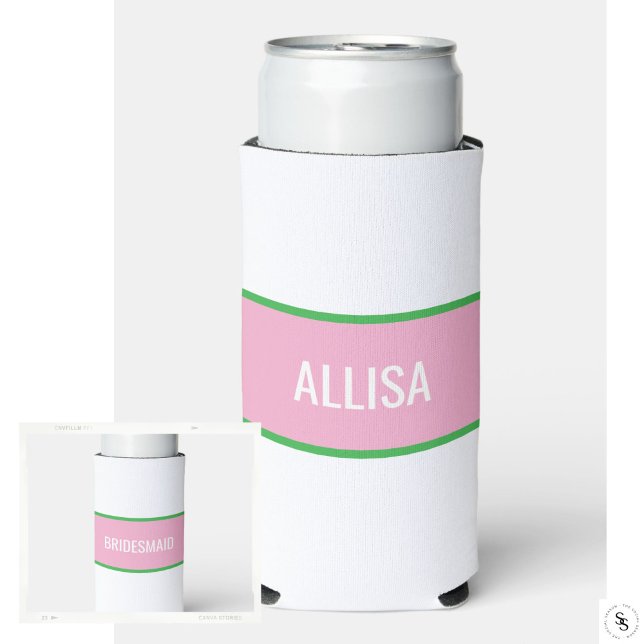 Pink und grüner Preppy Strip Bridesmaid Selters Dosenkühler (Light Pink + Green Seltzer Can Cooler)