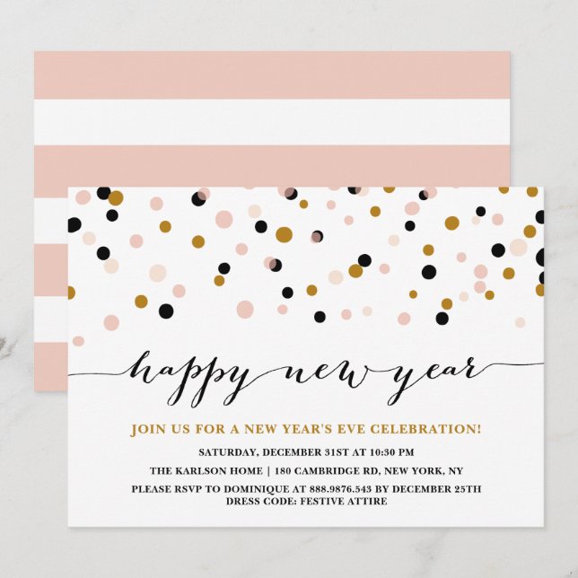 Pink und Kupfer Confetti Dots Silvester Party Einladung (Vorne/Hinten)
