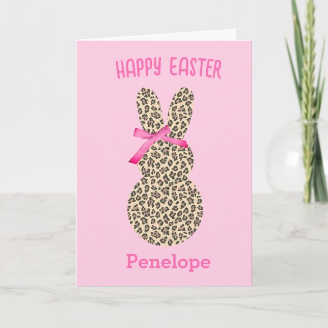 Pink und Leopard Osterblichkeit Bunny Pink Bow Karte (Vorderseite)