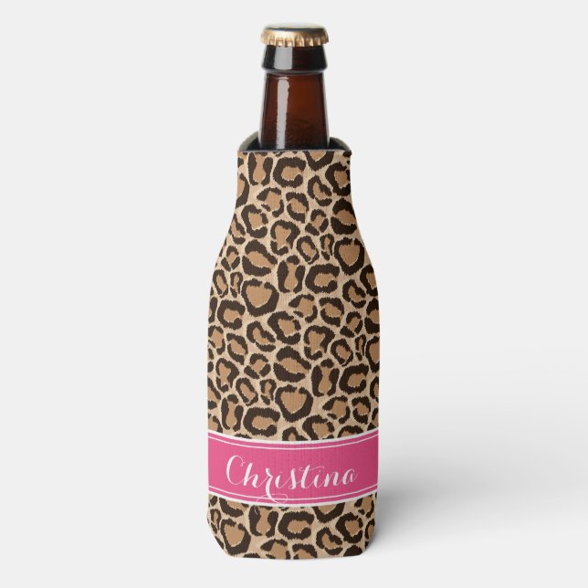 Pink und Leopard Print Custom Monogram Flaschenkühler (Flaschenvorderseite)