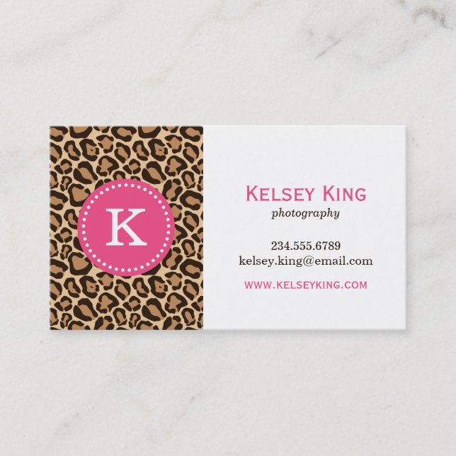 Pink und Leopard Print Custom Monogram Visitenkarte (Vorderseite)