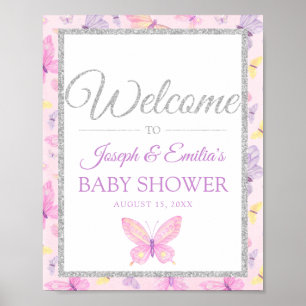 Pink und Lila Butterfly Baby Dusche Willkommenspfo Poster