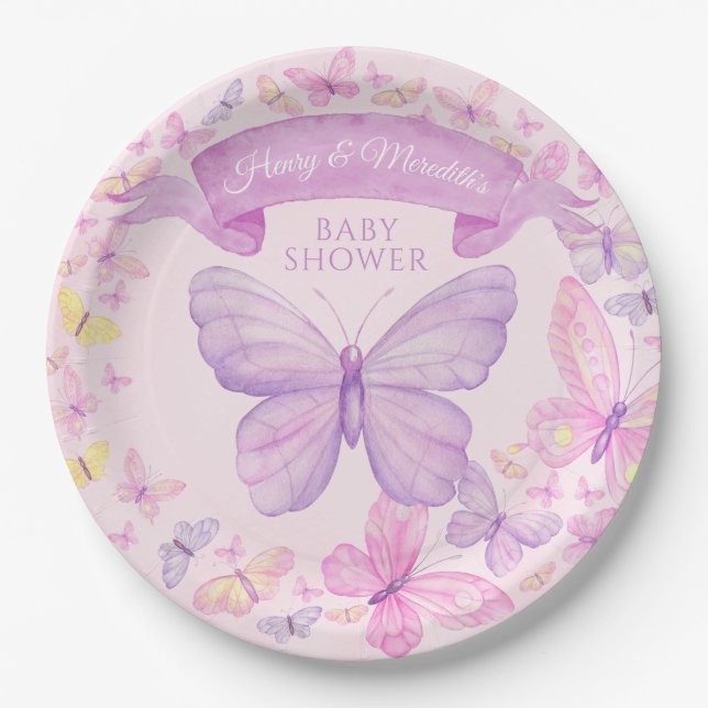Pink und Lila Butterfly Custom Baby Dusche Pappteller (Vorderseite)