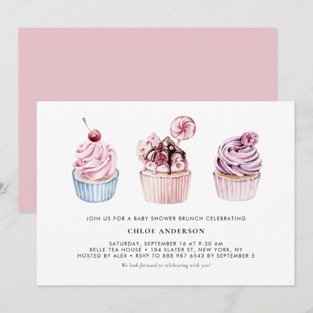Pink und Lila Cupcakes Baby Dusche Brunch Einladung (Vorne/Hinten)