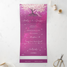 Pink und Lila Heart Leaf Tree Wedding Dreifach Gefaltete Einladung