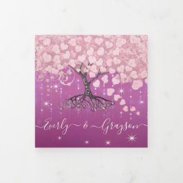 Pink und Lila Heart Leaf Tree Wedding Dreifach Gefaltete Einladung