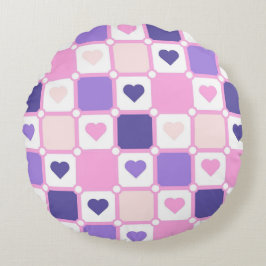 PINK UND LILA HERZEN UND KARIERTE PATTER RUNDES KISSEN