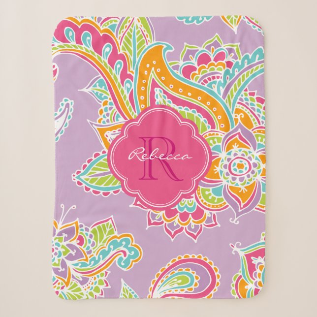 Pink und Lilac Boho Paisley Mit Monogramm Sherpadecke (Vorderseite)