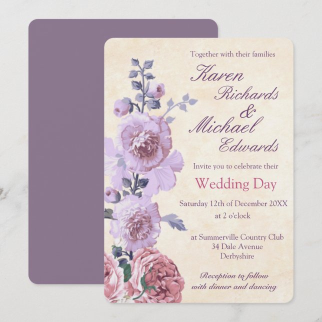 Pink und Lilac Wasserfarbe Blumenzehen Einladung (Vorne/Hinten)