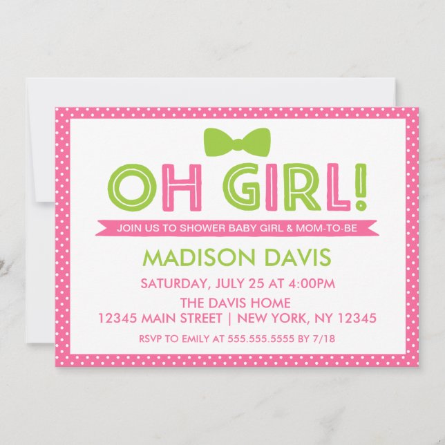 Pink und Limone Green Polka Dot Oh Girl Baby Dusch Einladung (Vorderseite)