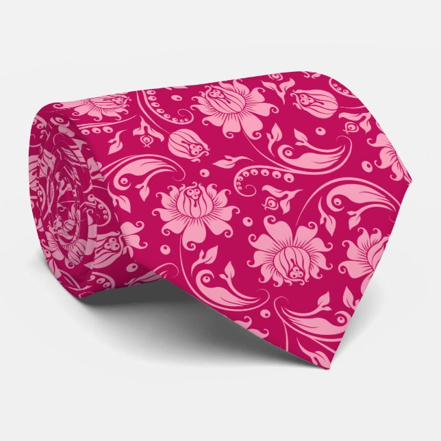 Pink und Magenta florales Damaskusmuster Krawatte (Gerollt)