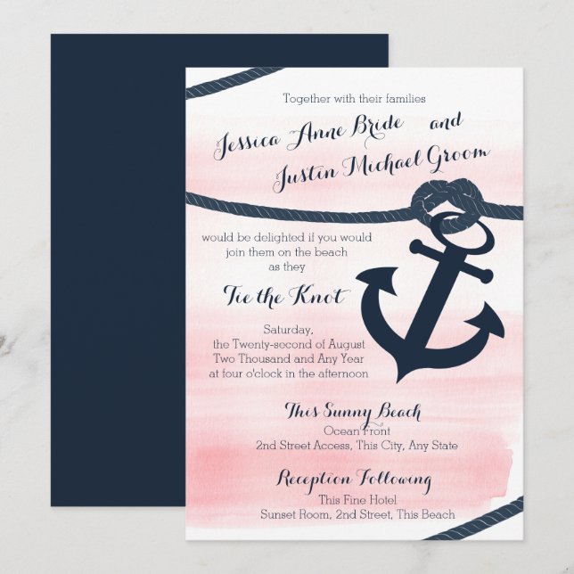 Pink und Marinebahn und Anchorhochzeit Einladung (Vorne/Hinten)