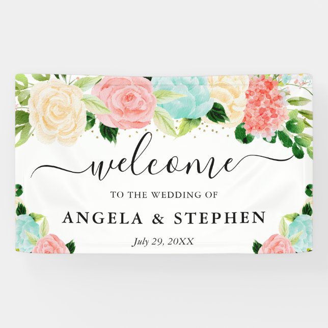 Pink und Mint Boho Blume Begrüßung Banner (Horizontal)