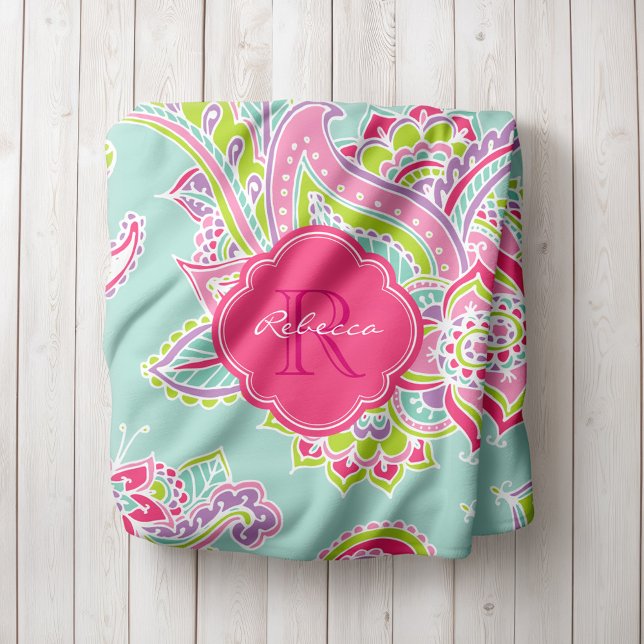 Pink und Mint Boho Paisley Mit Monogramm Fleecedecke (Von Creator hochgeladen)