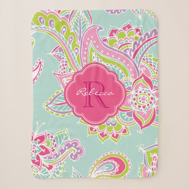 Pink und Mint Boho Paisley Mit Monogramm Sherpadecke (Vorderseite)