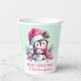 Pink und Mint Green Niedlich Pinguin Frohe Weihnac Pappbecher