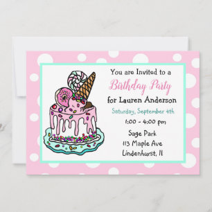 Pink und Mint Green Whimsical Cake Girl's Birthday Einladung