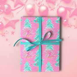 Pink und Mint Weihnachtsgeschenke Bäume Geschenkpapier