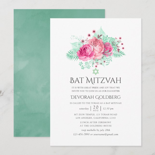 Pink und Minze Floral Bat Mitzvah Einladung (Vorne/Hinten)