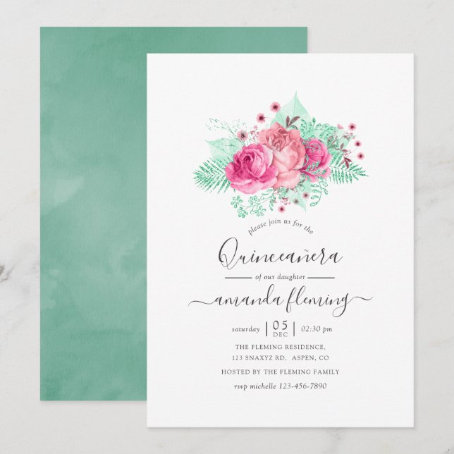 Pink und Minze, florale Quinceñera Einladung (Vorne/Hinten)
