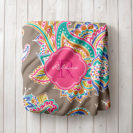 Pink und Mocha Boho Paisley Mit Monogramm Fleecedecke