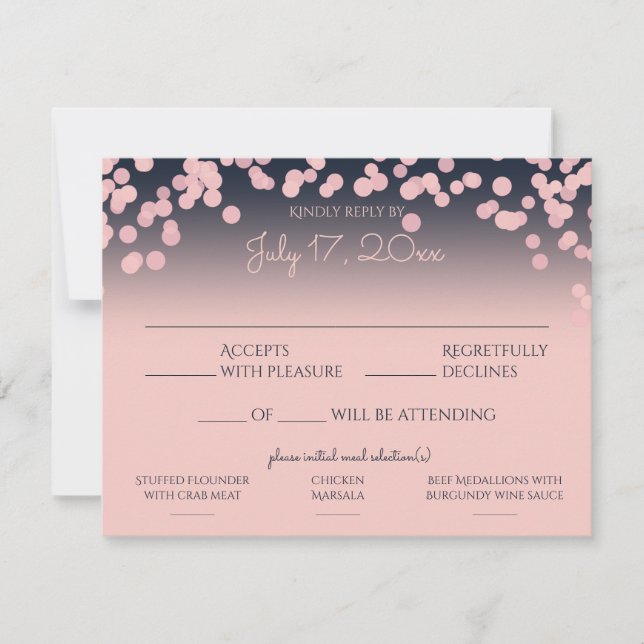 Pink und Navy Blue Bokeh Reaktion mit Auswahl an M RSVP Karte (Vorderseite)