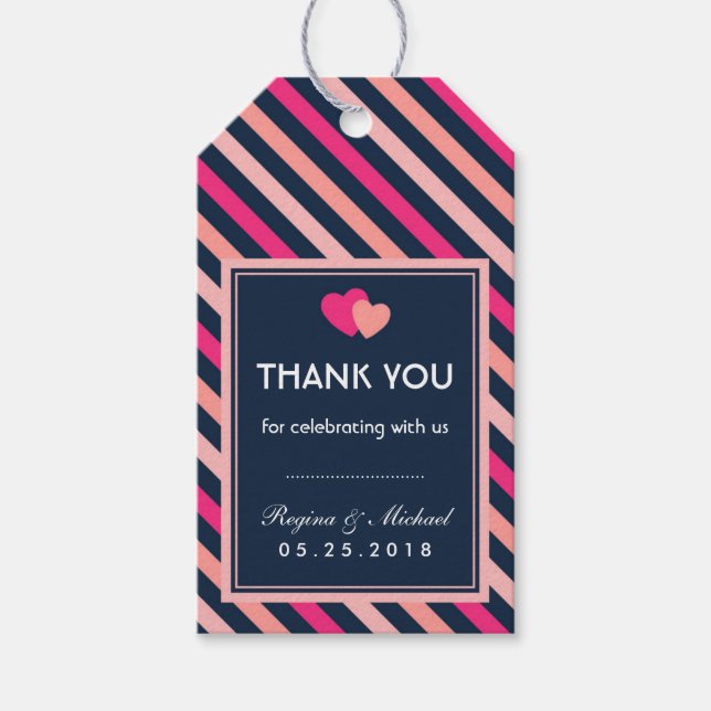 Pink und Navy Blue Liebe Streifen Muster Geschenk- Geschenkanhänger (Vorderseite)