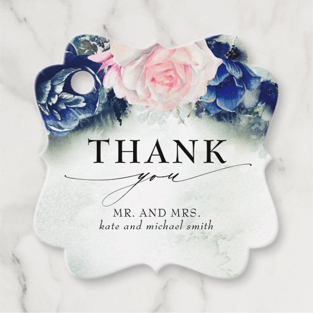 Pink und Navy Blumen Hochzeit Danke Geschenkanhänger (Vorderseite)